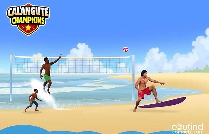 Calangute Champions Gameplay Screenshot Calangute Champions gameplay showing players competing in various beach sports including volleyball, surfing and beach cricket