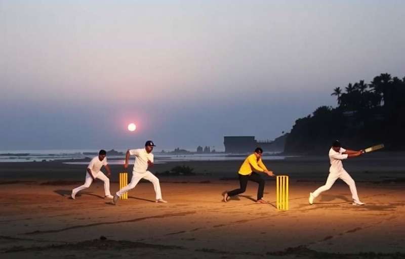 Calangute Champions Beach Cricket Guide Calangute Champions beach cricket scene showing players in action with sunset in background